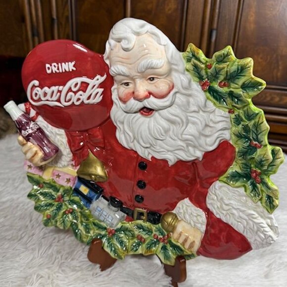 Vintage Coca-Cola Hand Painted Ceramic Holly Santa Plate Platter - Picture 4 of 15